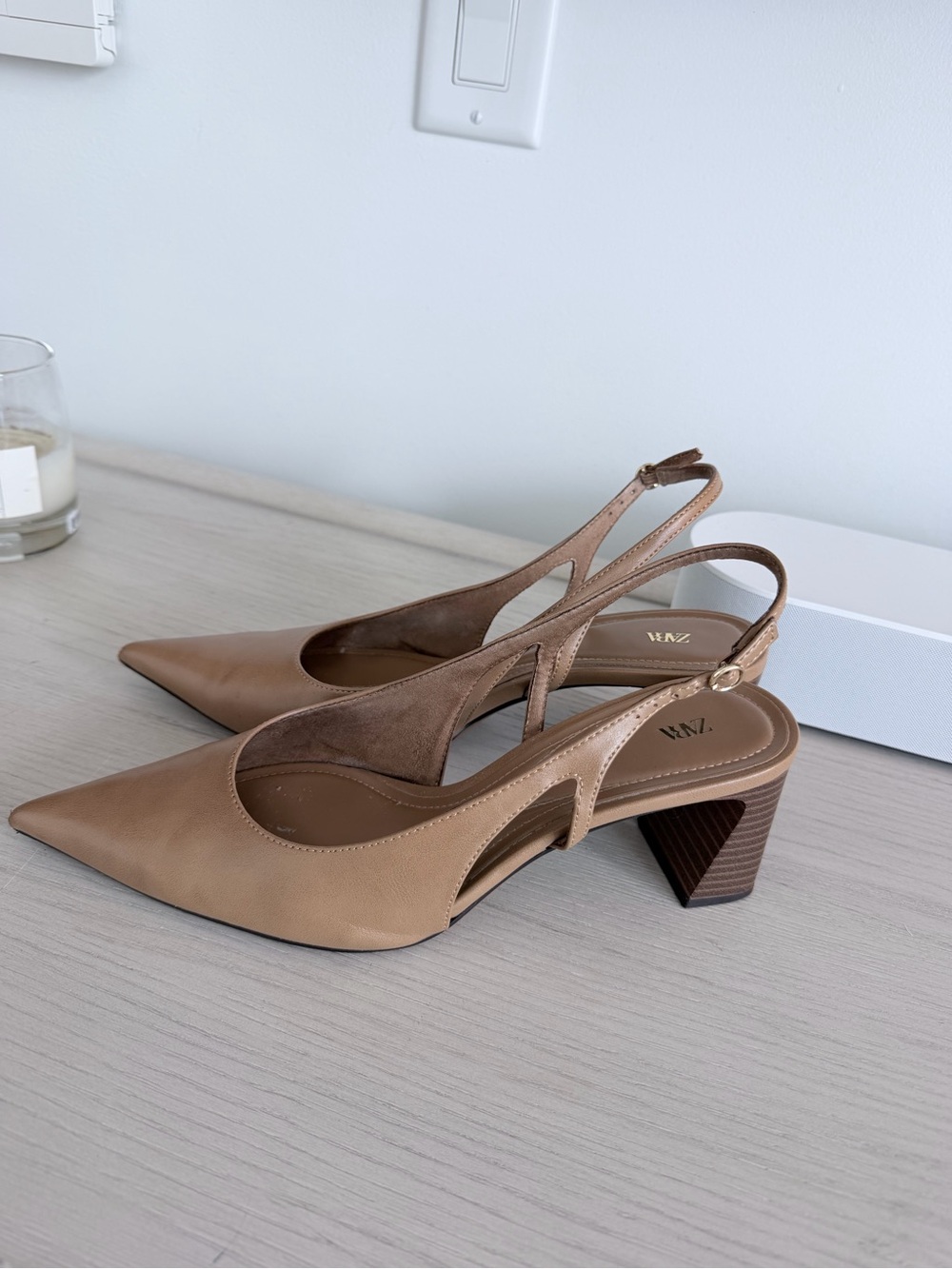 Zara Camel Pointed Slingback Heels - Picture 3 of 6
